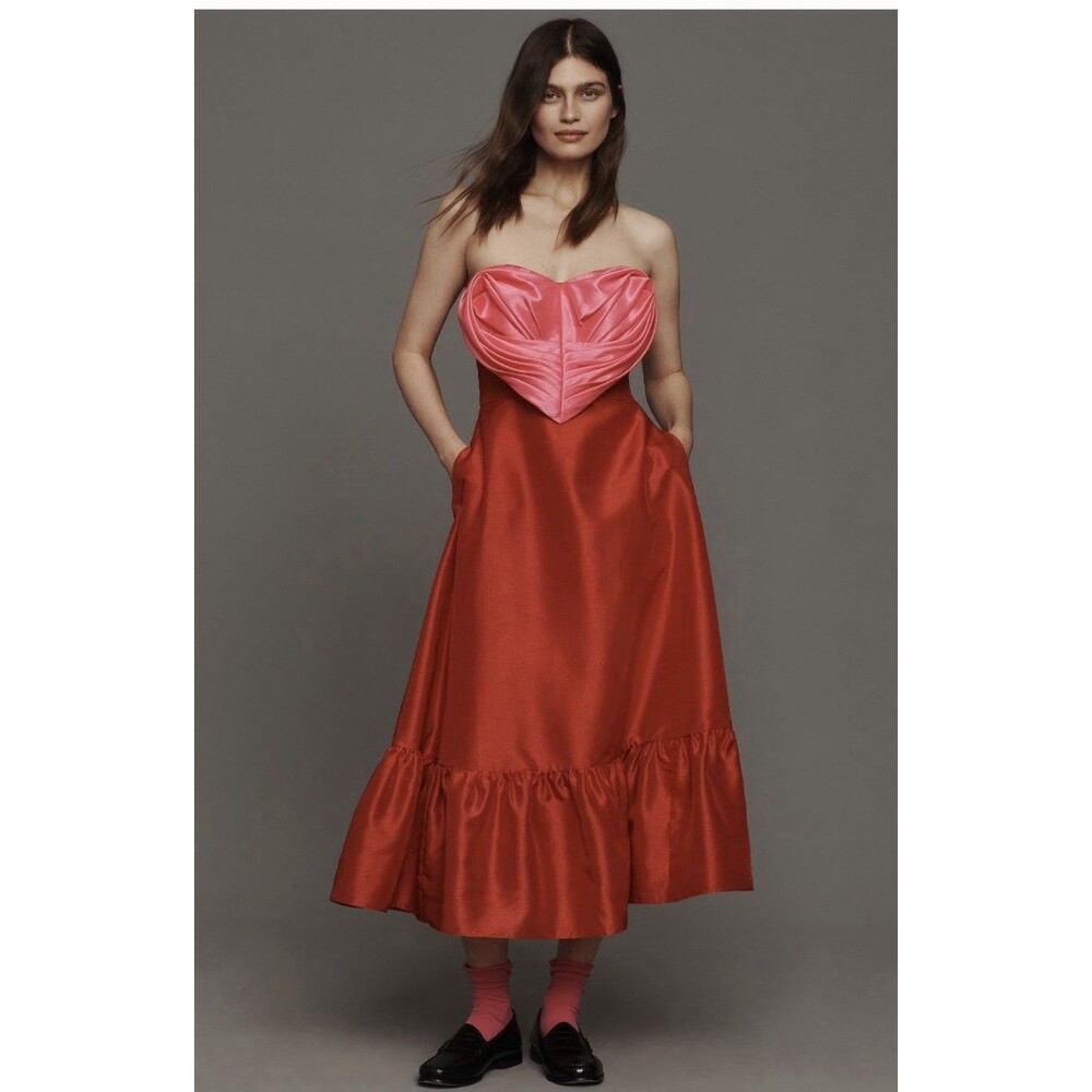 Anthropologie Hutch Strapless Heart Maxi Dress Sz 6 Red